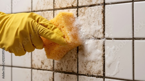 A gloved hand cleaning dirty tiles with a sponge and soap in a bathroom