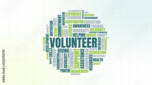 Volunteer Word Cloud Typography Animation on Light Grid Background