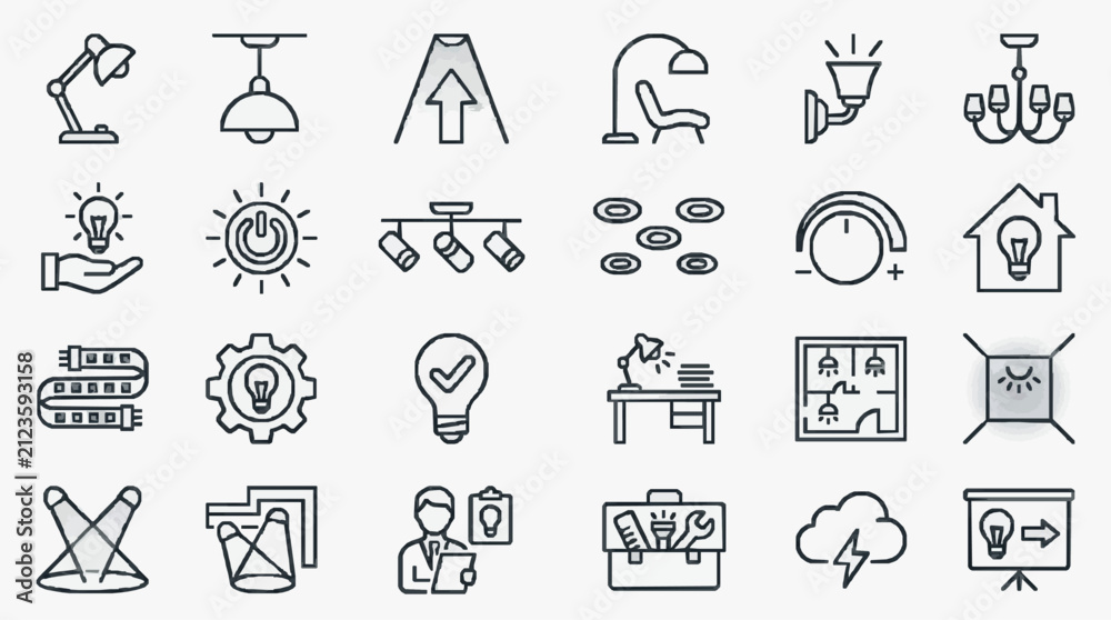 Fototapeta premium Industrial Minimalist Line Icons Set Featuring Various Lighting Fixtures Electrical Symbols and Office Equipment in Monochrome