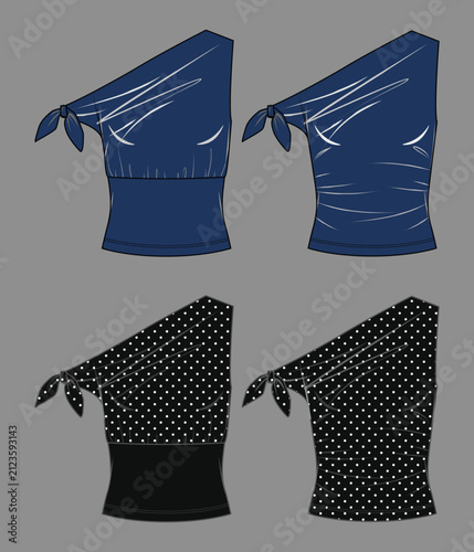 Navy One Shoulder Draped Top Fashion Flat Sketch Technical Drawing Vector