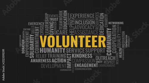 Volunteer Word Cloud Typography Motion Graphic Background on Dark Grid
