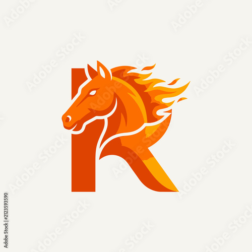 Vibrant orange flaming horse initial R mascot logo.