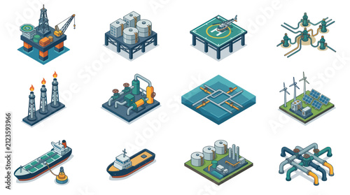 Isometric Industrial and Energy Infrastructure Icons Set.