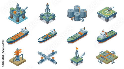 Isometric oil and gas industry elements set for energy production and transportation.