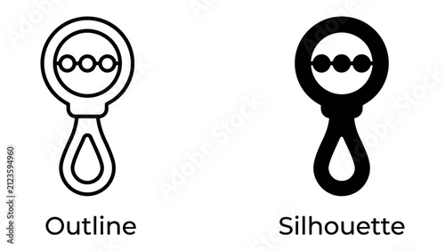 Baby Rattle Outline and Silhouette: A simple, clear graphic representation of a baby rattle in both outline and solid silhouette form, perfect for icons and design elements.