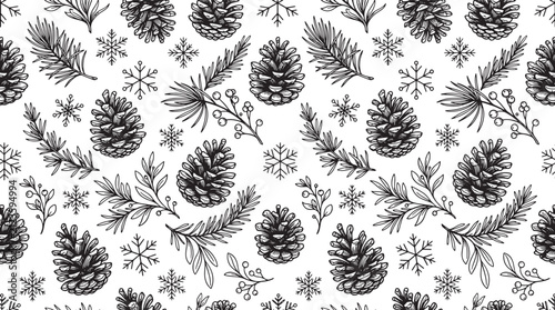 Seamless winter pattern with hand drawn pine cones fir branches and snowflakes in black and white sketch style for holiday background