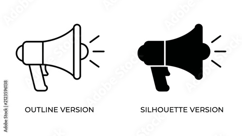 Cuadro en lienzo Megaphone Icon: A clear and concise representation of a megaphone, offered in both outline and silhouette versions, symbolizing communication, announcement, and public address