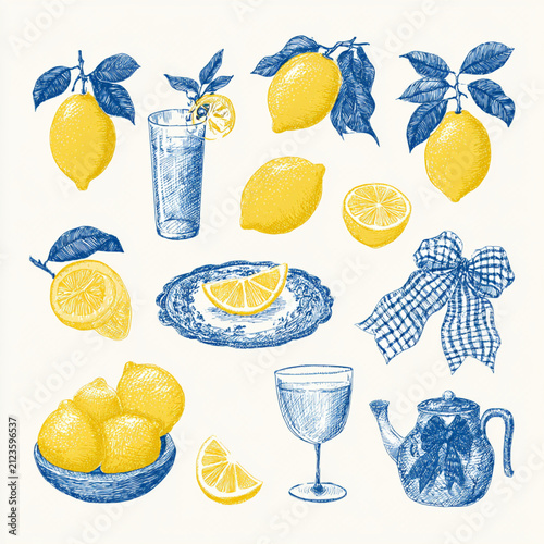 Retro lemon sketch illustration collection with bows and bottles