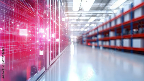 Futuristic warehouse with digital data visualization, showcasing technology and innovation in inventory management