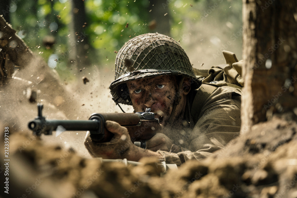 Obraz premium Muddy soldier aiming a rifle from a forest foxhole