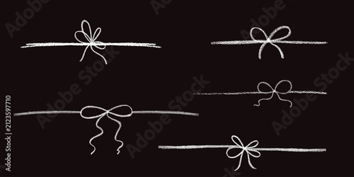 Chalk coquette bow on ribbon set. Hand drawn vector illustration isolated on black chalkboard background for design template wedding, Birthday, Christmas decoration or discount, sale.