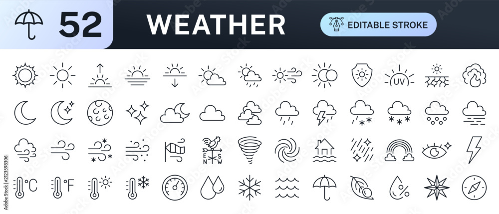 Obraz premium Weather line icon set. Sun moon, rain cloud, thunder storm, sunrise, wind, snow, night sky, climate change minimal vector illustrations. Simple outline forecast sign. Thin linear web pictogram bundle