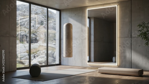 Minimalist yoga studio interior with large window and mountain view