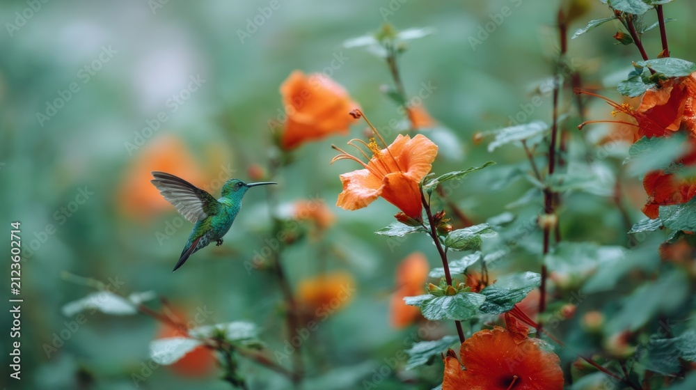 Fototapeta premium Hummingbird hovering near orange flower in garden. Small bird flying to nectar blossom. Wildlife nature observation, spring season and birdwatching concept. Detailed macro avian scene.