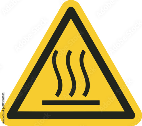Yellow triangular warning sign with a black hot surface icon, signifying danger and high temperature, concept for industrial safety, product labeling, and public hazard communication.