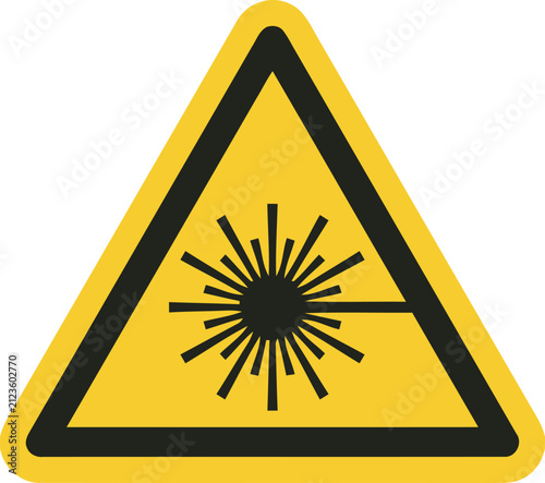Yellow triangular warning sign with black laser beam symbol, indicating danger of laser radiation, concept for safety, industrial hazard and scientific caution.