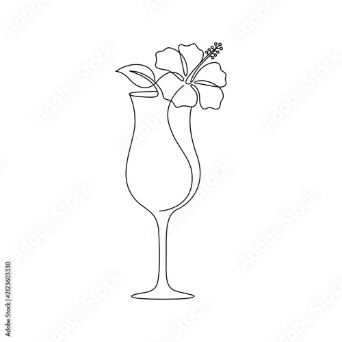 Single continuous line drawing tropical hibiscus flower decoration elegant tall cocktail glass.