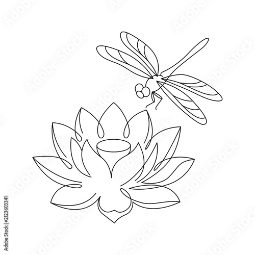 Black white line art drawing simple graceful dragonfly beautiful lotus flower petal.