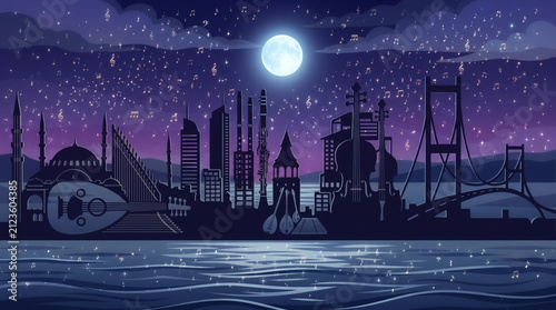 Vector illustration of Istanbul night skyline with musical instruments under a bright full moon