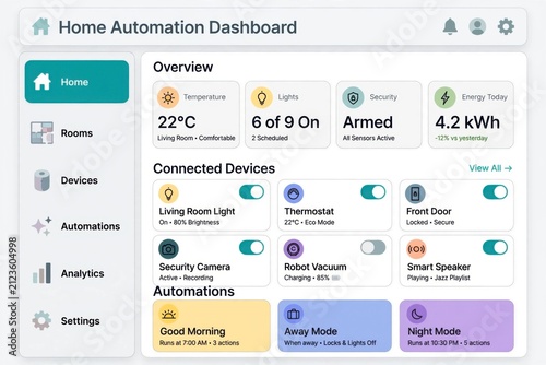 Home automation dashboard with device controls.
