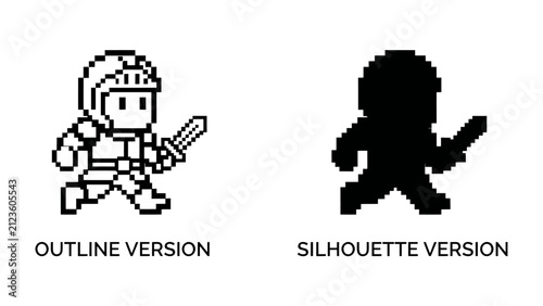 Pixelated Warrior: A graphic representation of a warrior in pixel art, shown in both an outline and a silhouette version, ready for digital adventure.