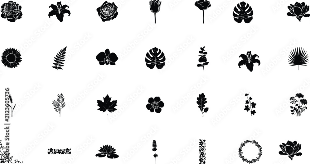 Obraz premium Assortment of floral and botanical silhouettes perfect for various graphic design projects