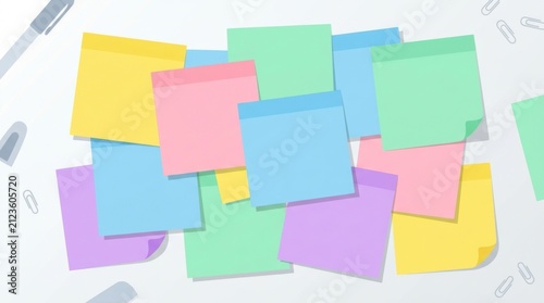 Pastel memo notes scattered on white desk.