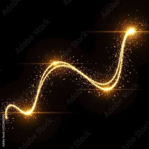Abstract Golden Wave Light Effect with Sparkling Particles on Black Background.