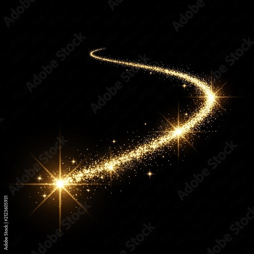 Golden glittering magic dust trail with star sparkles on black background.
