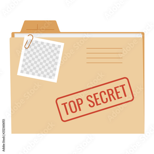 Folder with red TOP SECRET stamp and photo placeholder area with checkered background secured by paperclip. Clean minimalist office design for business, government, legal, or cybersecurity content