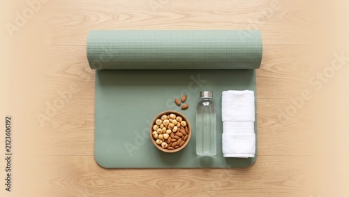 Yoga Mat and Vrat Snacks – Healthy Wellness Flat Lay Banner.