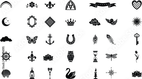 Set of mystic symbolic illustrations featuring moon anchor compass hourglass and natural life objects
