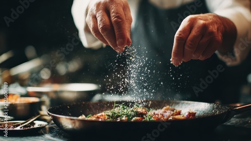 Chef seasoning food in a pan, Chef seasoning a dish in a pan, carefully sprinkling herbs and spices for added flavor