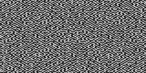 Seamless black and white geometric pattern with abstract maze and labyrinth lines. Vector monochrome background, tileable texture for textile, wallpaper, and web design.