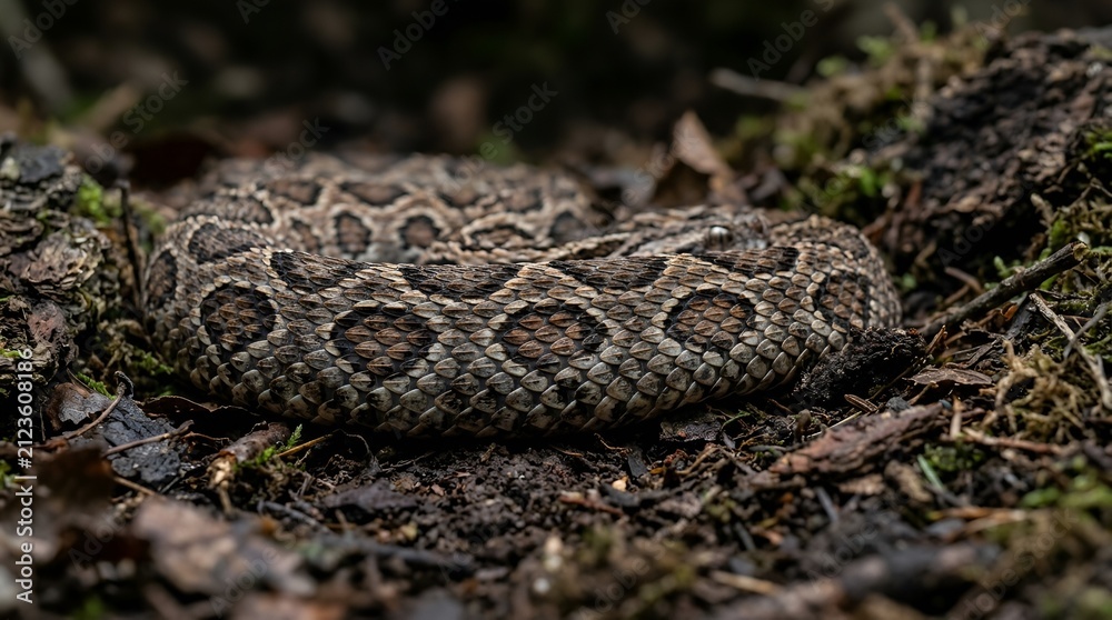 Obraz premium Camouflaged Adder Snake Coiled on Forest Floor, Wildlife Close-up