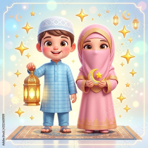 Ramadan Kids Celebration: Boy with Lantern, Girl with Crescent Moon, Festive Stars