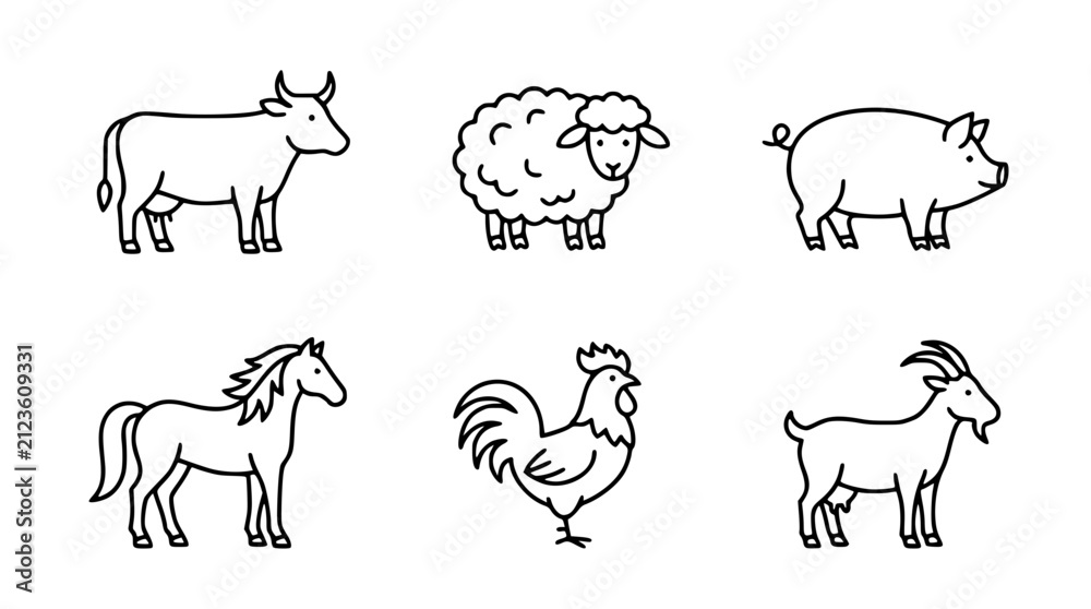 Fototapeta premium Minimalist vector graphic set featuring various cute black farm animals
