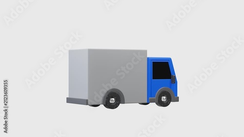 3D render of blue delivery box trucks in various angles and views, isolated on transparent background, alpha channel. for logistics, cargo shipping, courier services, transport apps. Looped animation