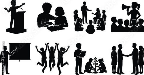 Community and Education Silhouette Icons with Teaching, Teamwork, and Collaboration Scenes