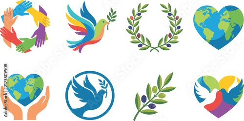 Colorful Peace and Unity Symbols with Doves, Olive Branches, and Heart-Shaped Globe Illustrations