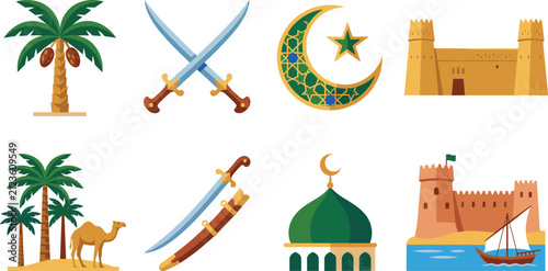 Middle Eastern Cultural Icons with Palm Trees, Mosques, Fortresses, and Crescent Moon Symbols