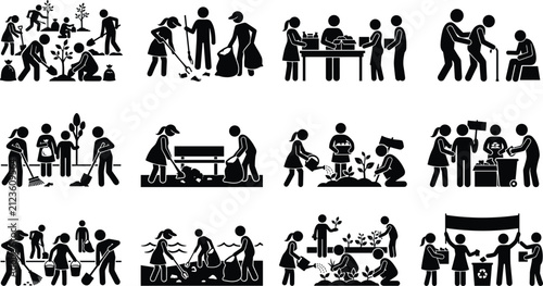 Community Service and Volunteer Silhouette Icons with Environmental and Social Responsibility Activities