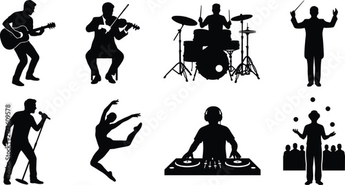 Performing Arts Silhouette Icons with Musicians, Singers, Dancers, DJs, and Entertainers