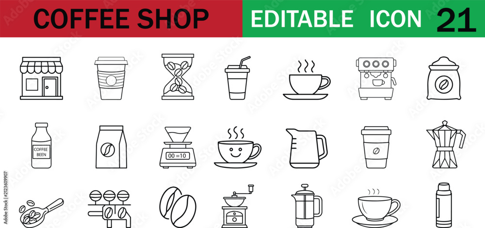 Fototapeta premium Editable coffee shop line icon set with café beverage equipment and barista symbols for menus, web, apps, branding, and print. Clean vector collection. Modern outline design style.