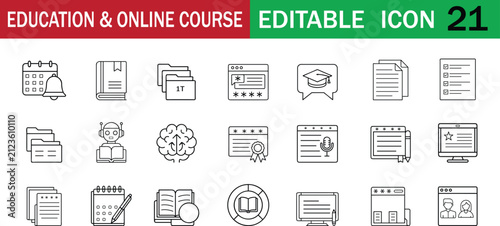 Foto Education and online course outline icon collection featuring learning, documents, certificates, classrooms, and digital study symbols in clean minimalist line style