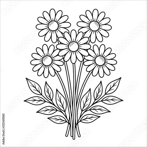 Black and White Daisy Flower Bouquet Outline Illustration