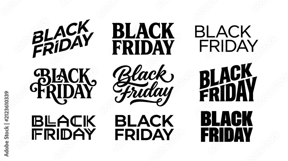 Obraz premium Collection of various black friday typographic logo designs in different fonts and styles for retail marketing