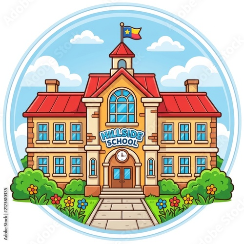 Cartoon Hillside School Building Exterior with Flag and Flowers