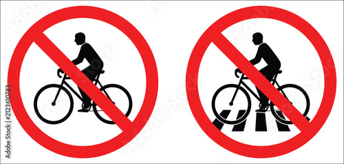 Obraz na plátne Bicycle forbidden on crosswalk sign, no bike prohibition symbol for pedestrian crossing safety, traffic regulations, public warning signage, urban transportation control, and roadway compliance