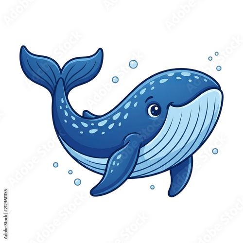 Cute Cartoon Blue Whale Swimming Underwater with Bubbles, Ocean Life, Marine Animal Illustration